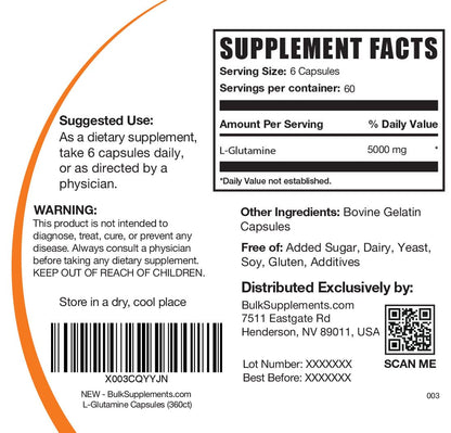 BulkSupplements.com L-Glutamine Capsules - Glutamine Supplement, Amino Acid Supplement - Gluten Free, 6 Capsules per Serving (5000mg), 360 Count (Pack of 1)
