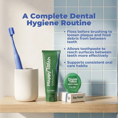 Happy Tooth Dental Floss, Natural Floss for Daily Dental Hygiene, Expanding String Floss for Tight Spaces Between Teeth, with Hydroxyapatite and Mint Flavor Tooth Cleaning Routine, 3 Pack