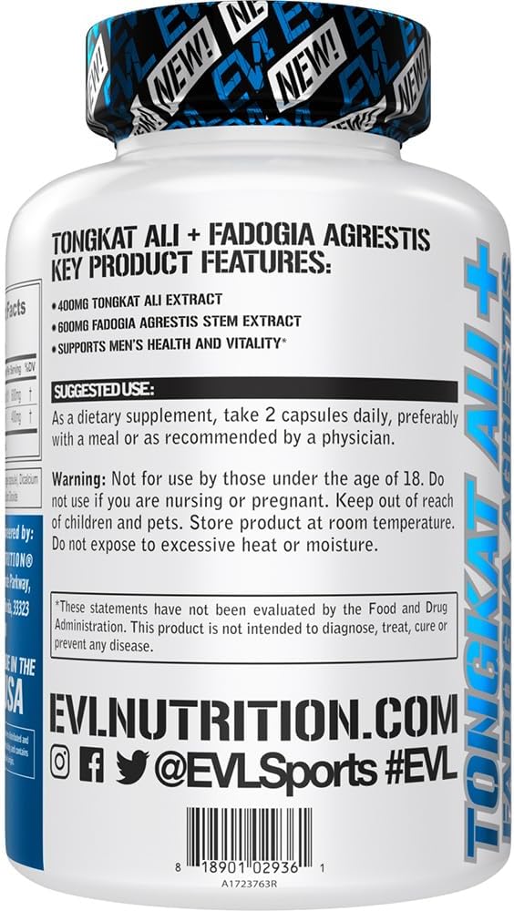 Evlution Nutrition Tongkat Ali + Fadogia Agrestis - Men’s Health + Vitality Support - 400mg Tongkat Ali + 600mg Fadogia Agrestis Stem Extract - Workout Supplement - Vegetarian Capsules - 30 Servings