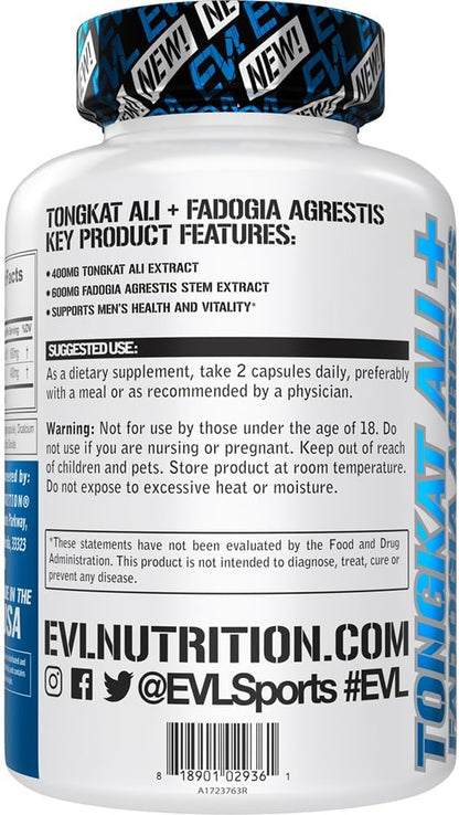 Evlution Nutrition Tongkat Ali + Fadogia Agrestis - Men’s Health + Vitality Support - 400mg Tongkat Ali + 600mg Fadogia Agrestis Stem Extract - Workout Supplement - Vegetarian Capsules - 30 Servings