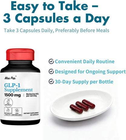 GLP-1 Supplement – High Potency Berberine HCl 1500mg with Ceylon Cinnamon, Green Tea & Cayenne Extract – Supports Appetite Control, Gut Balance & Metabolism – 90 Capsules