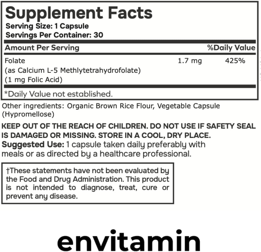 envitamin 5-MTHF - Methylfolate (Active B9 Folate) Supplement - 30 Capsules - 5-MTHF 1mg