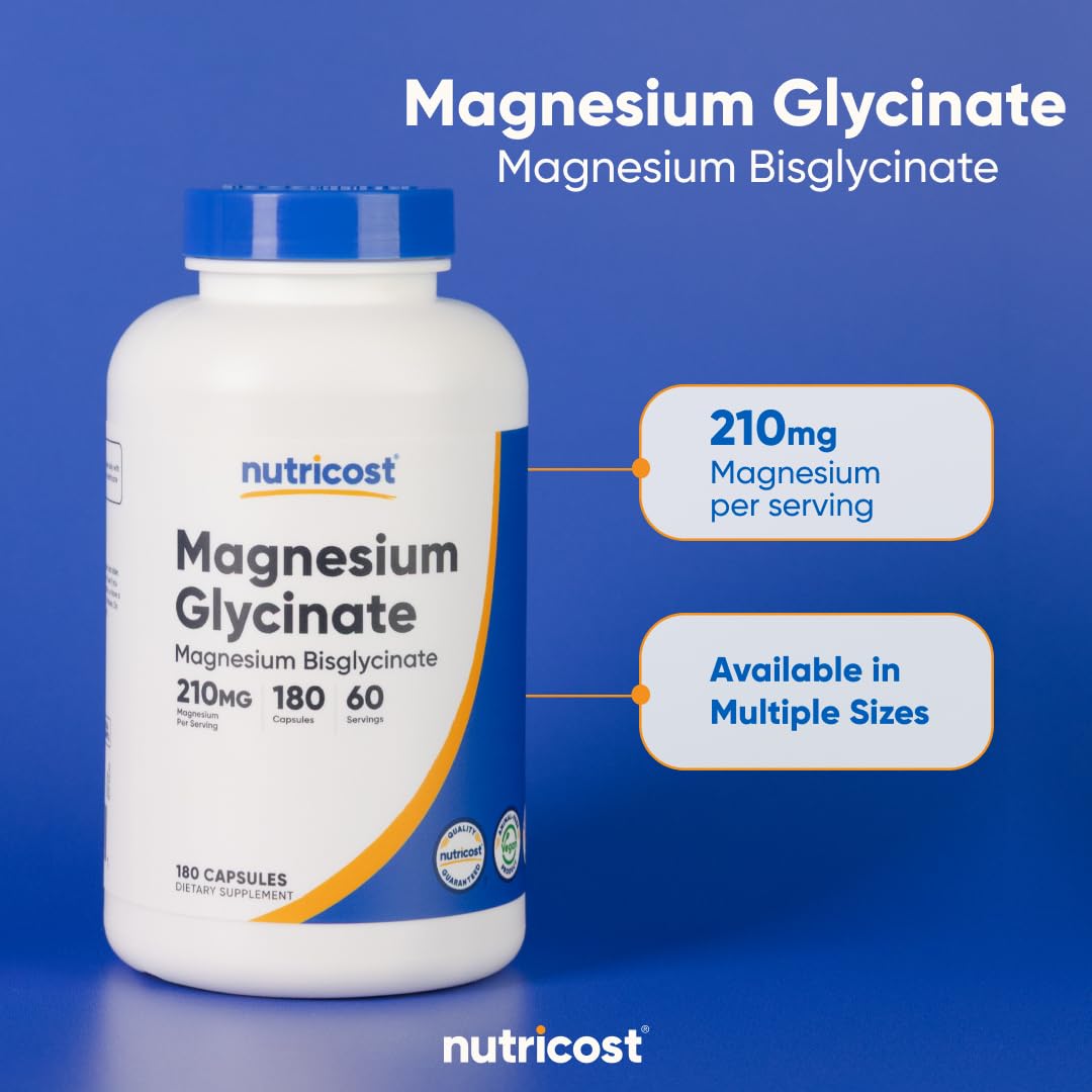 Nutricost Magnesium Glycinate Capsules, 180 Capsules, 210mg | Gentle Absorption, Magnesium Glycinate Supplement