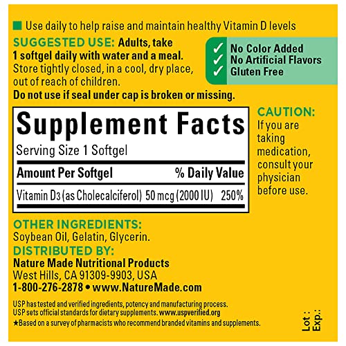 Nature Made Vitamin D3 2000 IU (50 mcg), Dietary Supplement for Bone, Teeth, Muscle