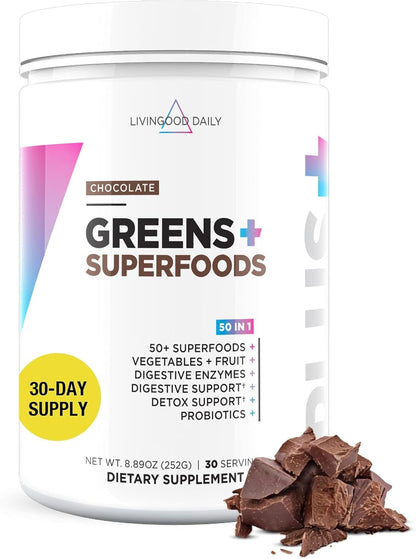 Livingood Daily Greens & Superfood Powder, Super Greens for Gut Health, Green Juice Powder with Spirulina, Chlorella, and Digestive Enzymes, Probiotics for Digestive Support, Chocolate, 30 Servings