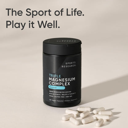 Sports Research® Chelated Triple Magnesium Complex with Glycinate, Taurinate & Malate (Chelamax®) for Enhanced Bioavailability* - 300 mg per Serving, Non-GMO, Certified Vegan, 120 Veggie Capsules