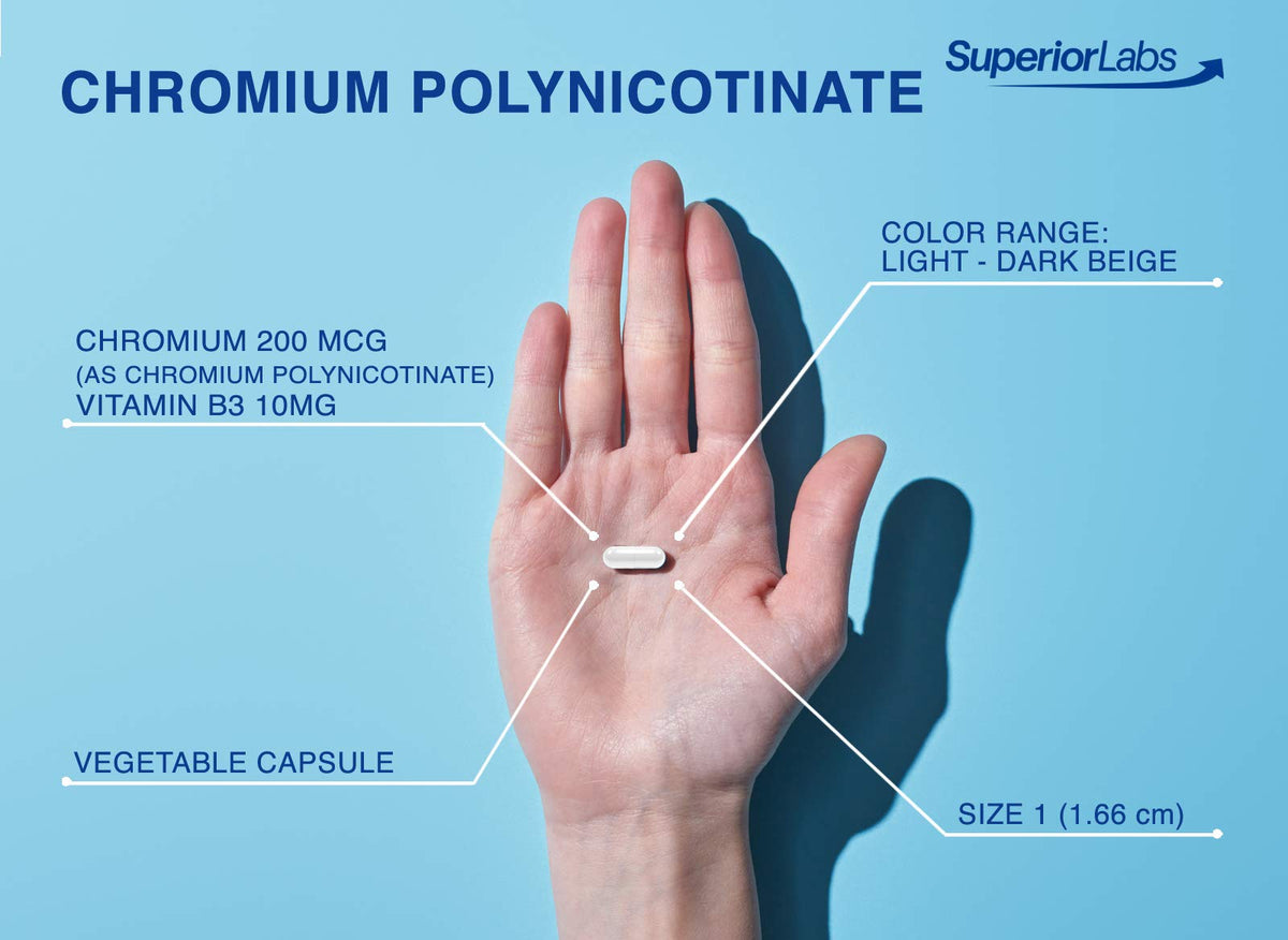 Pure Chromium Polynicotinate Supplement - Made in USA - 200mcg + Vitamin B3 for Optimal
