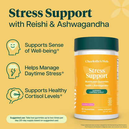 Charlotte's Web Stress Support Mushroom Gummies w/Reishi, Ashwagandha, Rhodiola Rosea Supplement — Natural Supplement — Strawberry-Flavored Ashwagandha Gummies (30 Servings)