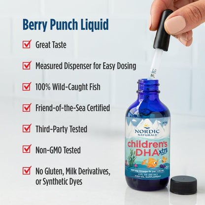 Nordic Naturals Children’s DHA Xtra, Berry Punch - 2 oz for Kids - 880 mg Total Omega-3s with EPA & DHA - Cognitive & Immune Function, Learning, Social Development - Non-GMO - 48 Servings | 880mg omega-3s with EPA & DHA per serving. Supports cognitive fun