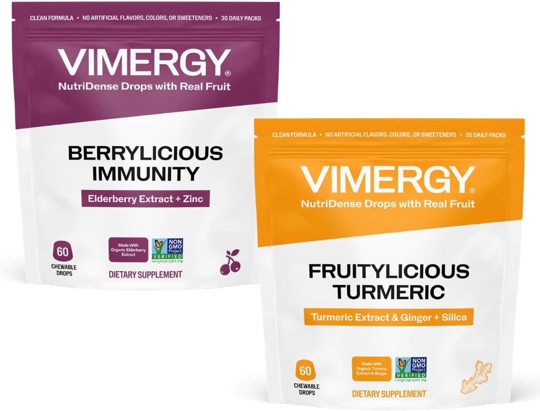 VIMERGY NutriDense Elderberry + Zinc Berrylicious Immunity* Chewables (60 Count) and NutriDense Fruitylicious Turmeric + Ginger Chewables (60 Count)