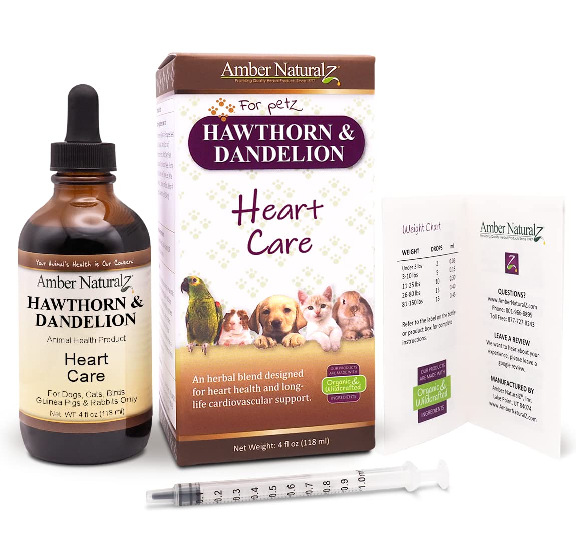 Amber NaturalZ Hawthorn & Dandelion for Pets, Heart & Circulation Care, 1oz | Maintains optimal cardiovascular wellness in pets. Supports normal heart function, healthy blood circulation & fluid balance.