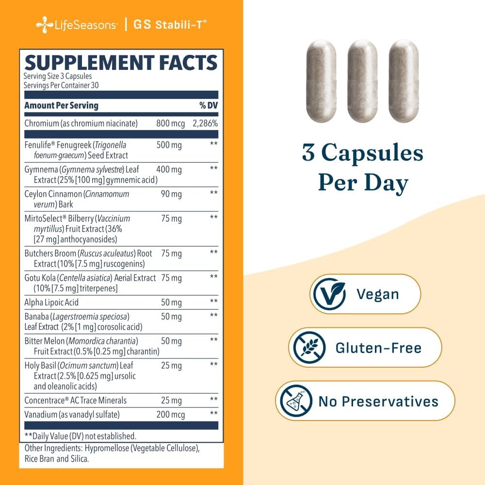 LifeSeasons GS Stabili-T - Blood Sugar Support Supplement - Healthy Circulation & Vision - Maintain Normal Levels - Chromium Cinnamon Gymnema Bilberry & Alpha Lipoic Acid - 90 Capsules