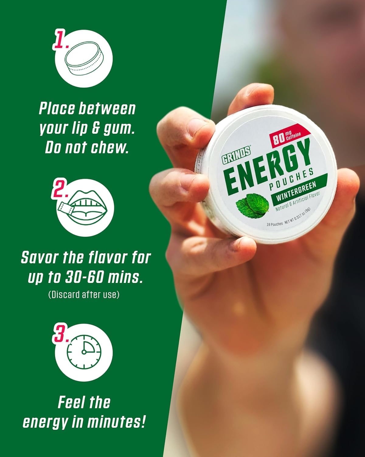 GRINDS Focus Pouches | Naturally Flavored with Nootropic Ingredients | Contains Alpha GPC and L-Theanine | Sugar-Free | 3 Pack | 18 Pouches Per Can | Blue Raspberry