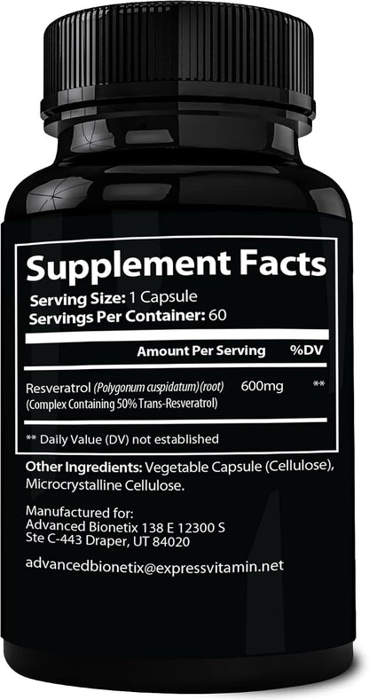 Advanced Bionetix 2X Potency Micronized Trans Resveratrol Supplement. 1200mg per 2 Capsules. High Absorption Antioxidant Formula. Promotes Anti Aging, Cognitive Support & Heart Health