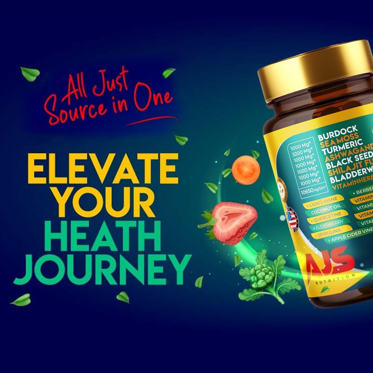AJS Sea Moss Capsules 3200mg with Himalayan Shilajit 1000mg, Black Seed Oil