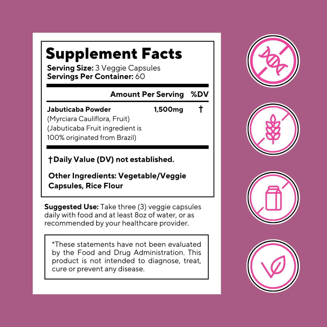 Vitapia Jabuticaba Fruit Powder Supplement for Antioxidant, Better Lung Health, Digestion, Immune Support - 1500mg Per Serving - 90 Vegan Capsules, Non-GMO, Gluten-Free