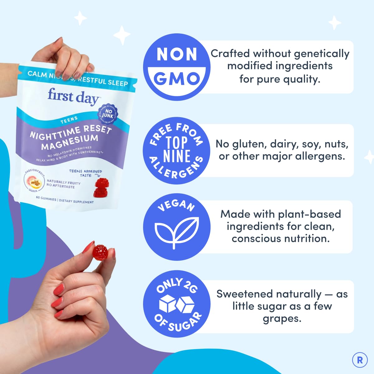FIRST DAY Calm Magnesium for Teens Gummies, Affron, No Melatonin, 60 Count | Passionfruit-guava magnesium gummies with citrate and Affron; melatonin-free nighttime relaxation support for teens.