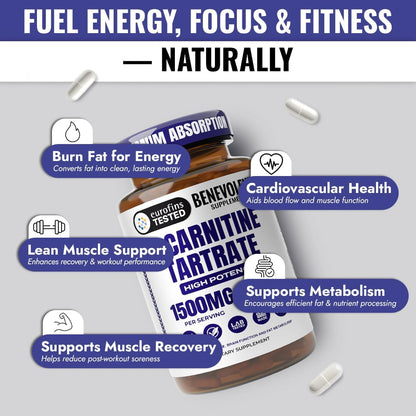 Benevolent L Carnitine Supplement - High Potency 1500mg L-Carnitine Tartrate - Fast Absorbing, Convert Fat to Energy, Support Lean Muscle, Boost Workout Performance & Metabolism – 120 Vegan Capsules