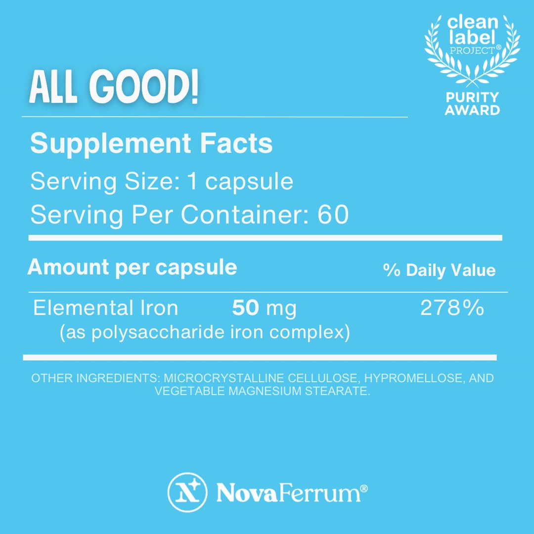 NovaFerrum All Good | Iron Capsule Supplements for Adults | Anemia | 50mg of Iron | 90 Servings | Sugar Free | Vegan | Gluten Free