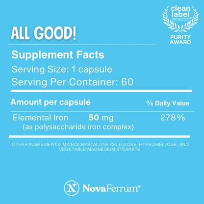NovaFerrum All Good | Iron Capsule Supplements for Adults | Anemia | 50mg of Iron | 90 Servings | Sugar Free | Vegan | Gluten Free