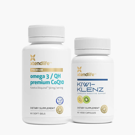 Xtendlife Healthy Gut Bundle - Omega 3/QH Premium CoQ10 & Kiwi-Klenz - for Digestion, Bloating, and Heart - 2 Item Bundle