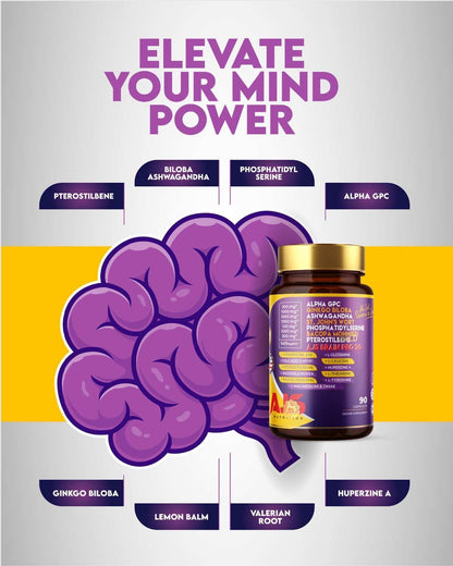 AJS Alpha GPC Nootropic Brain Supplement with Bacopa, 90 Capsules