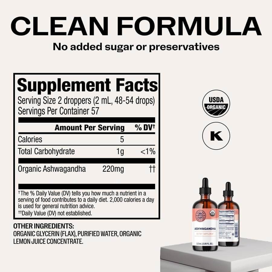 Vimergy USDA Organic Ashwagandha Liquid Extract – 57 2mL Servings (220mg Extract per Serving). Stress Adaptogen, Cognitive & Sleep Support. Alcohol-Free, Non-GMO (115 mL)