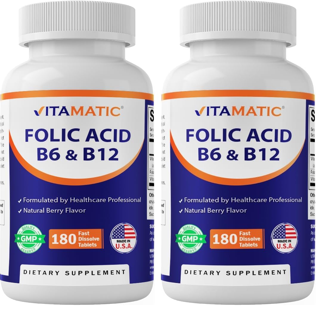 Vitamatic Folic Acid, Vitamin B12 & B6 – 180 Fast Dissolve Tablets Heart Health, Energy Production & Red Blood Cell Support