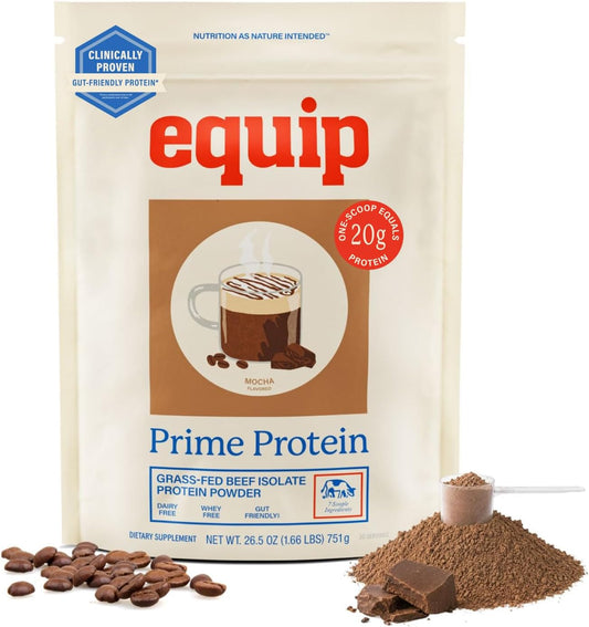 Equip Prime Mocha Protein Powder - Gut-Friendly, No Sugar Protein Shake Powder with Grass-Fed Beef & Natural Collagen - Rich & Creamy Mix - 21g Per Serving - Whey & Dairy-Free (30 Scoops)