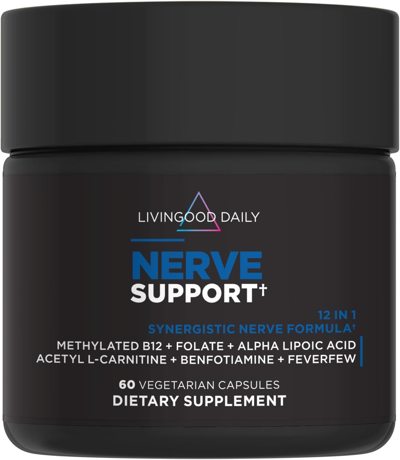 Livingood Daily Nerve Support Supplement for Women & Men, 12-in-1 Nerve Health Formula with Methylated B12, Folate, Benfotiamine, Alpha Lipoic Acid & Feverfew, Gluten Free, Non-GMO, 60 Capsules