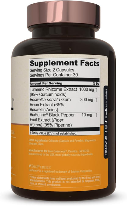 Live Conscious CurcuWell - Curcumin and Boswellia Blend | Maximum Strength Joint, Body and Cognitive Support - 60 Day Supply (2-Pack)