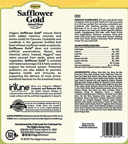 Higgins 2 Pack of Safflower Gold Natural Blend Conure and Cockatiel Food, 3 Pounds Each