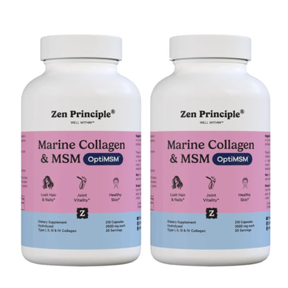 Zen Principle Marine Collagen Peptides Powder with OptiMSM® Supplement. Clinically Tested for Skin Support. Wild-Caught Fish, Non-GMO. 210 Capsules.