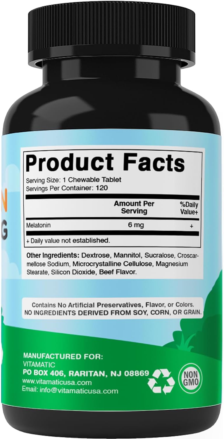 Vitamatic Pets Melatonin 6 mg Chewable Tablets for Dogs, 120 Count | Sleep Health Support*, Beef Flavored Tablet, Non-GMO, Gluten Free, Made in USA