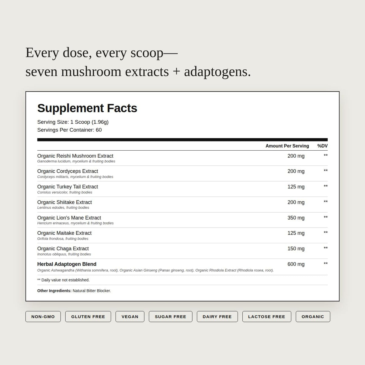 Daily Mushrooms+ Organic Mushroom Powder | 7 Fruiting Body Extracts + Adaptogens | Lion's Mane, Reishi, Cordyceps, Chaga | 60 Servings