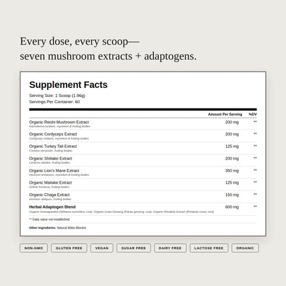 Daily Mushrooms+ Organic Mushroom Powder | 7 Fruiting Body Extracts + Adaptogens | Lion's Mane, Reishi, Cordyceps, Chaga | 60 Servings