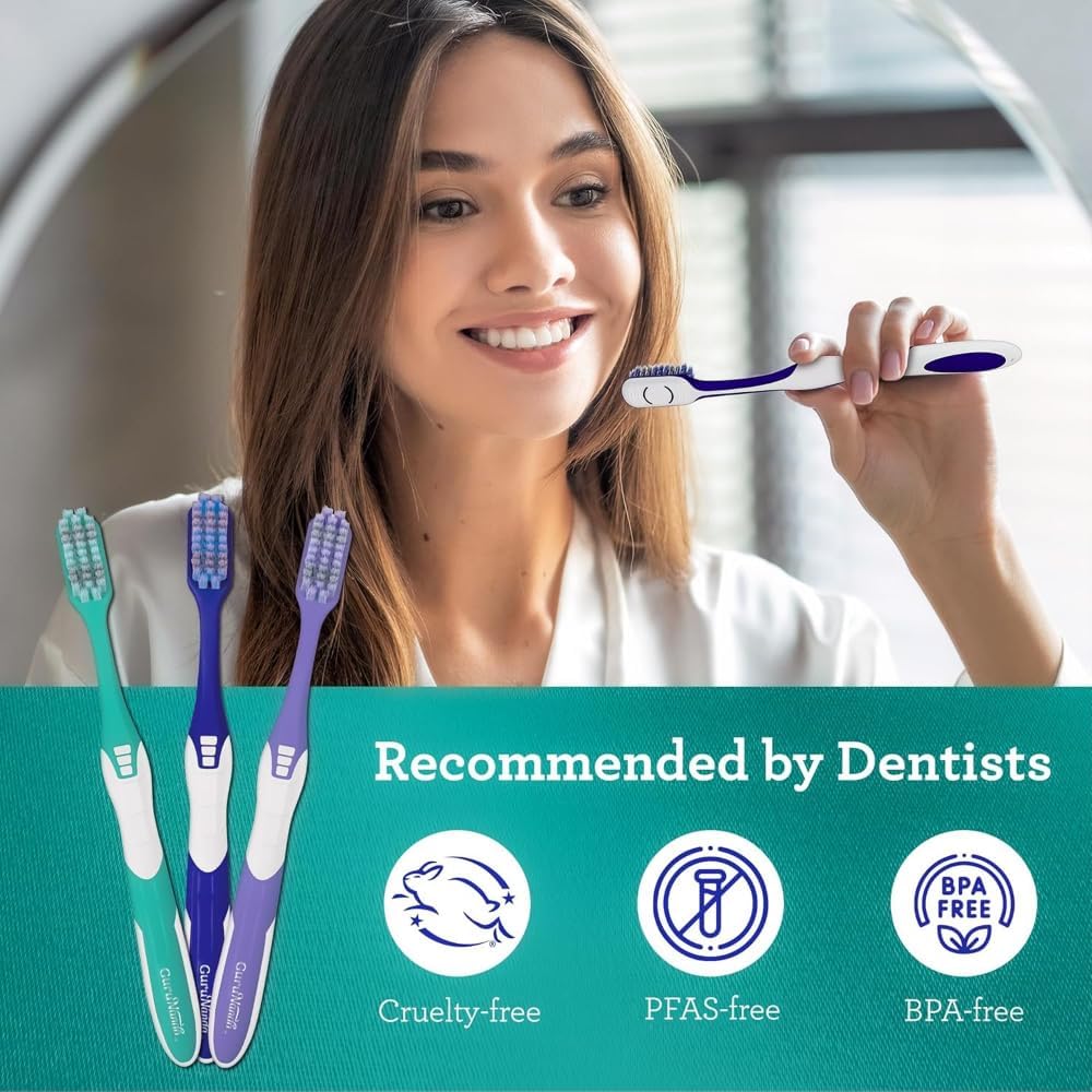 GuruNanda Gentle Giant Toothbrush with Dual Action Flossing Spiral Bristles, Non-Slip Ergo Dexa Grip, Helps in Teeth Whitening, BPA Free Manual Toothbrushes, Assorted Colors, 4 Count