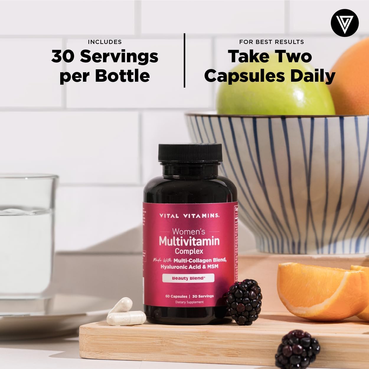 Vital Vitamins Women's Multivitamin Complex with Collagen & Hyaluronic Acid | 25 Vitamins and Minerals, Multi-Collagen Blend, Hyaluronic Acid & MSM for Hair, Skin & Nails, 60 Capsules