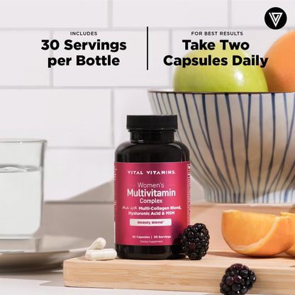 Vital Vitamins Women's Multivitamin Complex with Collagen & Hyaluronic Acid | 25 Vitamins and Minerals, Multi-Collagen Blend, Hyaluronic Acid & MSM for Hair, Skin & Nails, 60 Capsules
