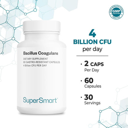 Supersmart Bacillus Coagulans Probiotic 4 Billion CFU per Day (High Absorption) - Lactobacillus Sporogenes Supplement | Non-GMO & Gluten Free - 60 Delayed Release Capsules