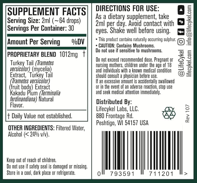 Life Cykel - Turkey Tail Mushroom Liquid Extract with Kakadu Plum - Immune Support & Digestive Health Prebiotic Supplement, Non GMO (4 Fl Oz (Pack of 1))