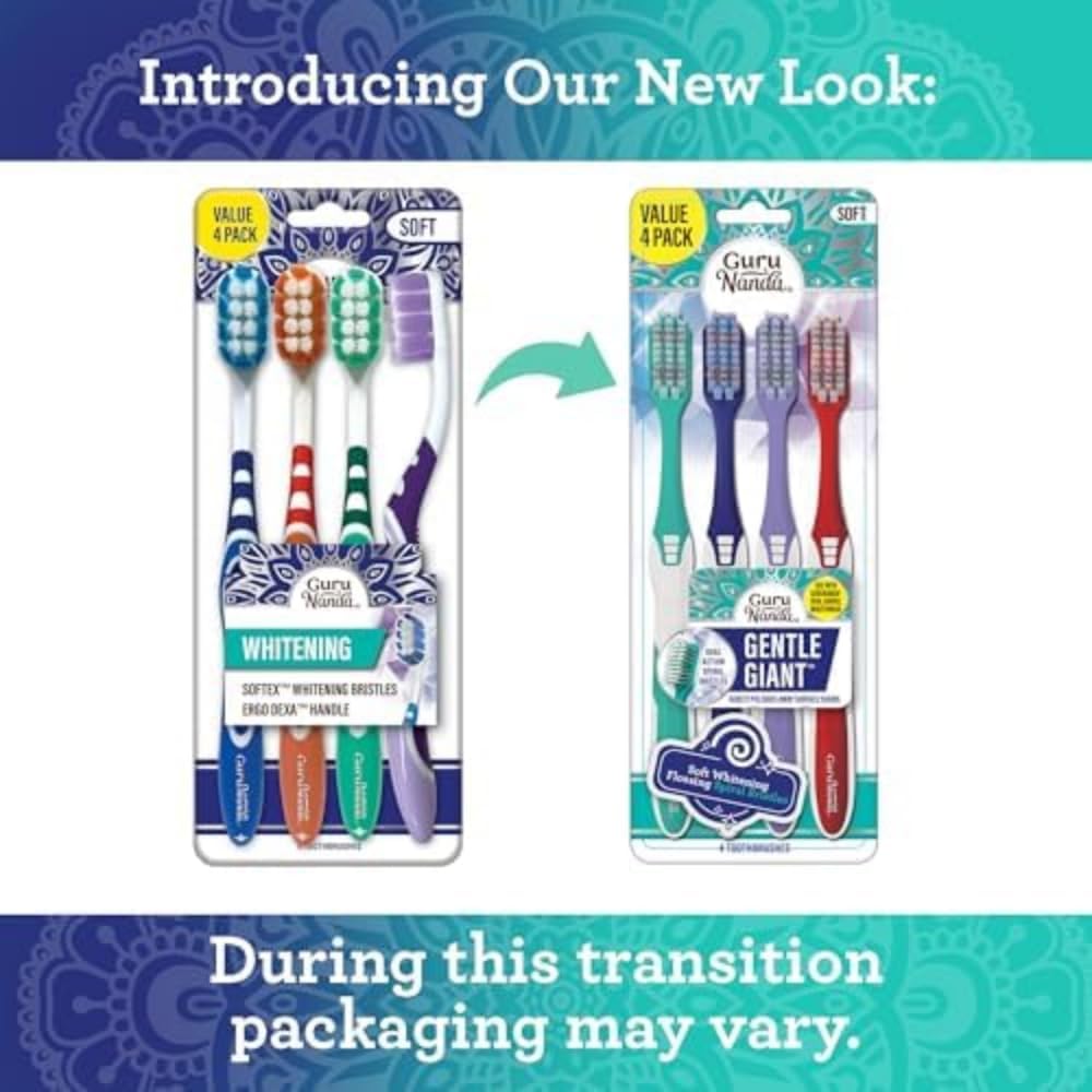 GuruNanda Gentle Giant Toothbrush with Dual Action Flossing Spiral Bristles, Non-Slip Ergo Dexa Grip, Helps in Teeth Whitening, BPA Free Manual Toothbrushes, Assorted Colors, 4 Count