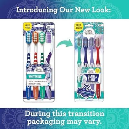 GuruNanda Gentle Giant Toothbrush with Dual Action Flossing Spiral Bristles, Non-Slip Ergo Dexa Grip, Helps in Teeth Whitening, BPA Free Manual Toothbrushes, Assorted Colors, 4 Count