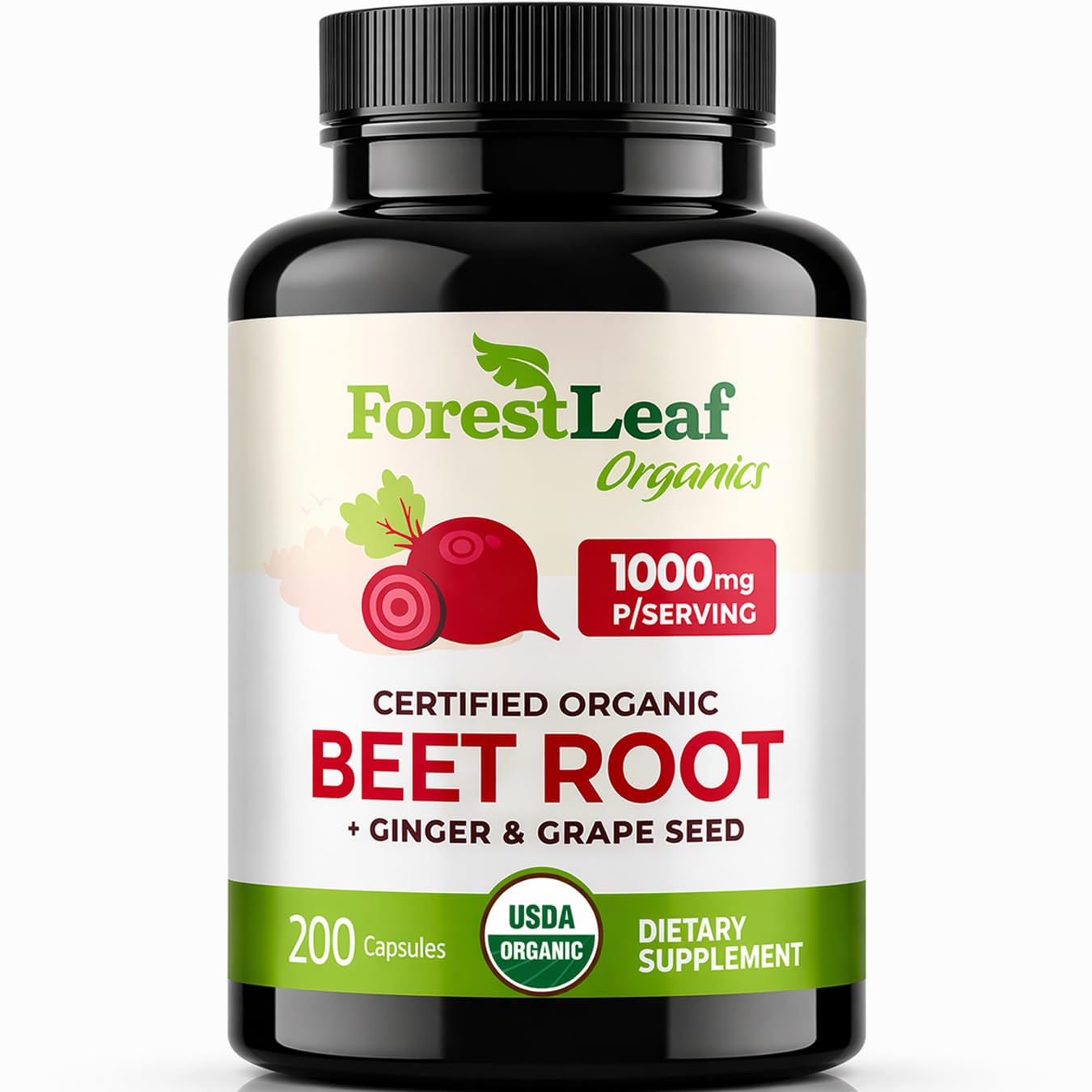 ForestLeaf USDA Organic Beet Root Capsules - Beetroot Supplement 1000mg 20:1 Extract w/Ginger Grape Seed - Support Blood Pressure, Nitric Oxide, Flow, Circulation - Made in USA - 120 Caps