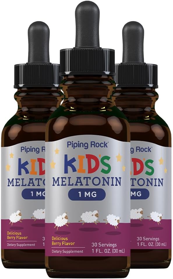 Piping Rock Kids Melatonin Liquid 1 fl oz | 1mg | Pack of 3 Bottles | Berry Flavor Drops | Non-GMO, Gluten Free Supplement