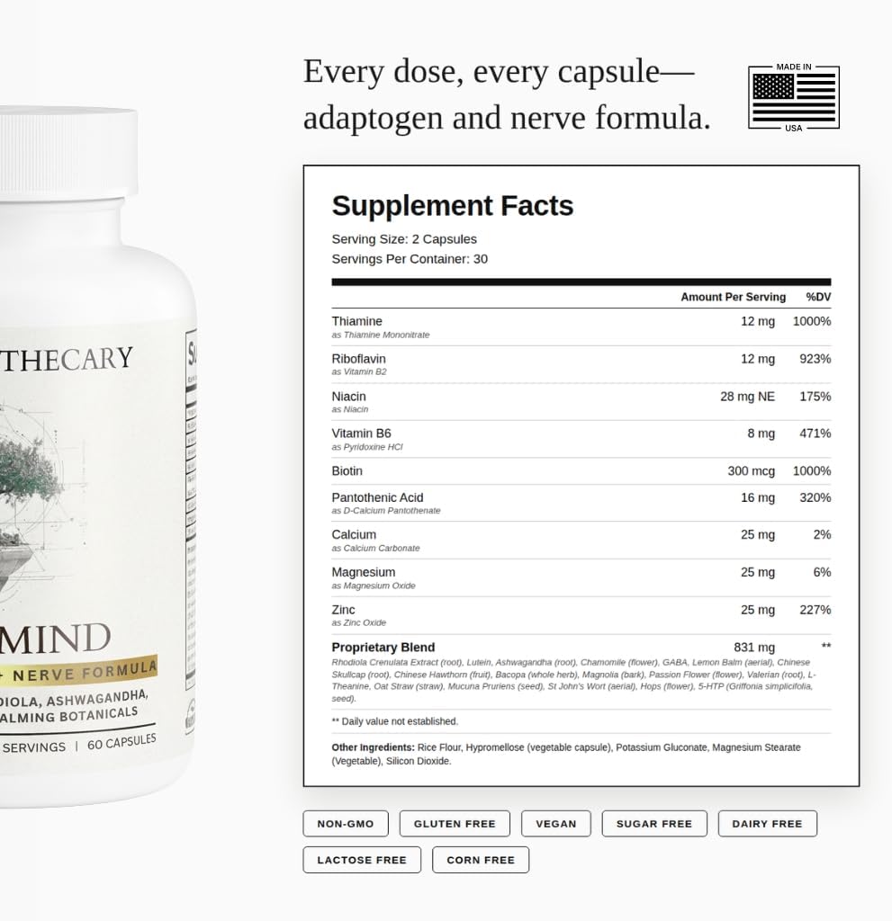 Calm Mind Stress Support Supplement with Ashwagandha, GABA, L-Theanine, 5-HTP, Rhodiola, B-Vitamins, Magnesium - 24 Ingredients - 60 Capsules