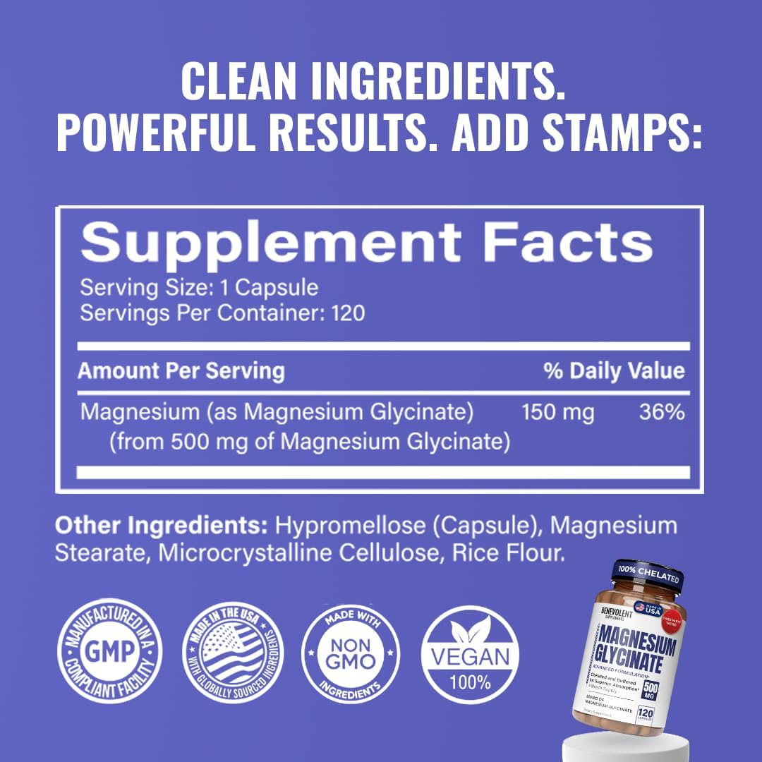 Premium Magnesium Capsules 500mg, High Absorption Formula Chelated Buffered Citrate to Support Digestion, Bone, Sleep & Muscle Health – Magnesium Glycinate - 120 Capsules