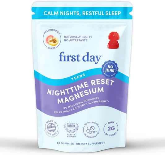 FIRST DAY Calm Magnesium for Teens Gummies, Affron, No Melatonin, 60 Count | Passionfruit-guava magnesium gummies with citrate and Affron; melatonin-free nighttime relaxation support for teens.