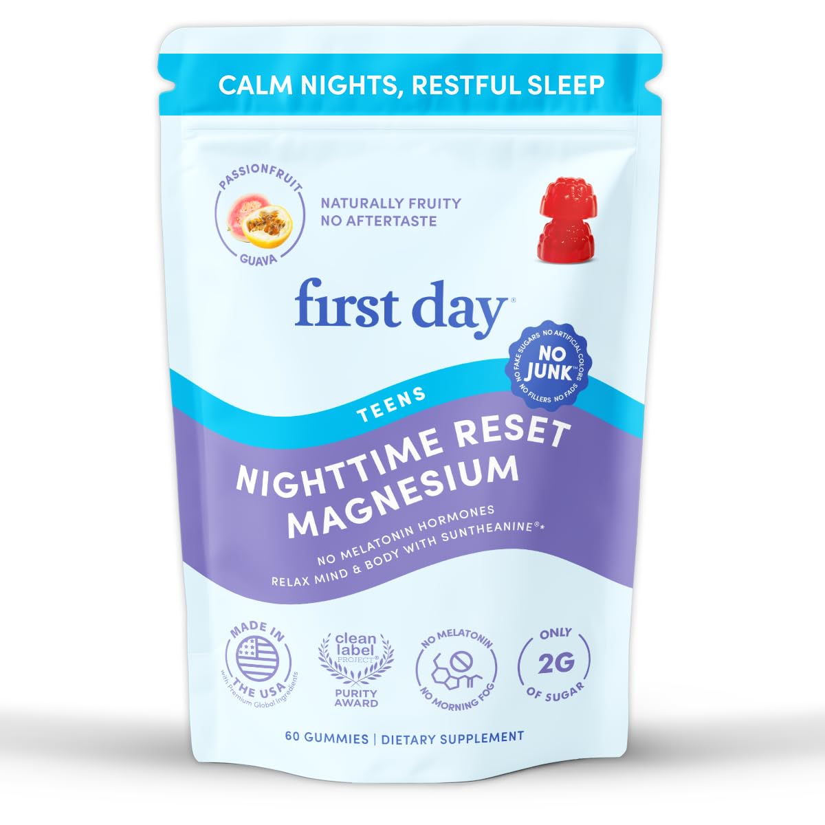 FIRST DAY Kids Magnesium Gummies, Citrate + L-Theanine, No Melatonin, 60 Ct