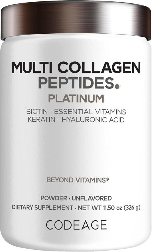 Codeage Multi Collagen for Women & Men Biotin 10000mcg Keratin, Protein Powder Vitamin C B6 D3, Hyaluronic Acid, Niacin - Hydrolyzed Collagen Coffee Creamer 5 Types - Unflavored - Non-GMO - 11.5oz